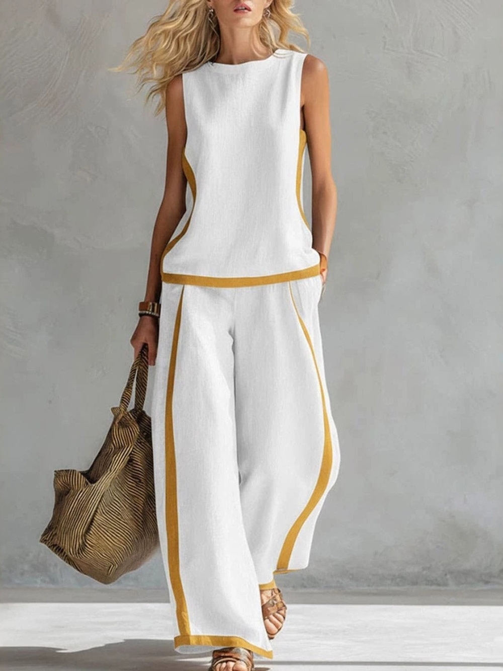 Daphne Full Size Contrast Stripe Sleeveless Top & Wide-Leg Pants Set Size Large - Picture 1 of 2